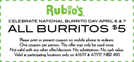Rubios Coupon April 2024 $5 burritos today at Rubios restaurants