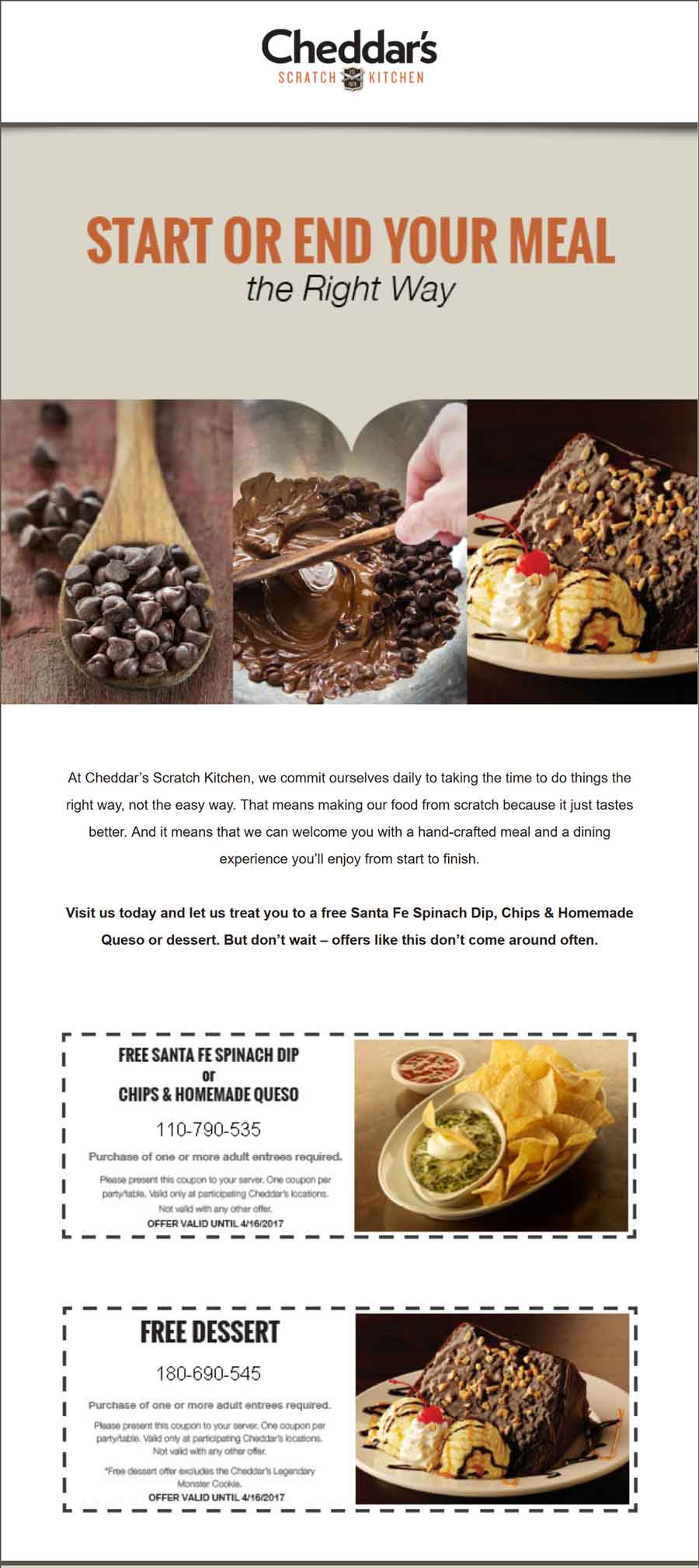 Cheddars Scratch Kitchen Coupon April 2024 Free appetizer or dessert at Cheddars Scratch Kitchen