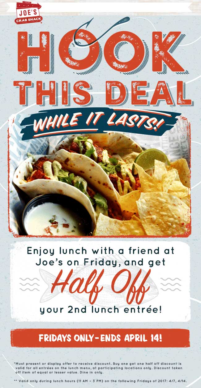 Joes Crab Shack Coupon April 2024 Second lunch 50% off Friday at Joes Crab Shack