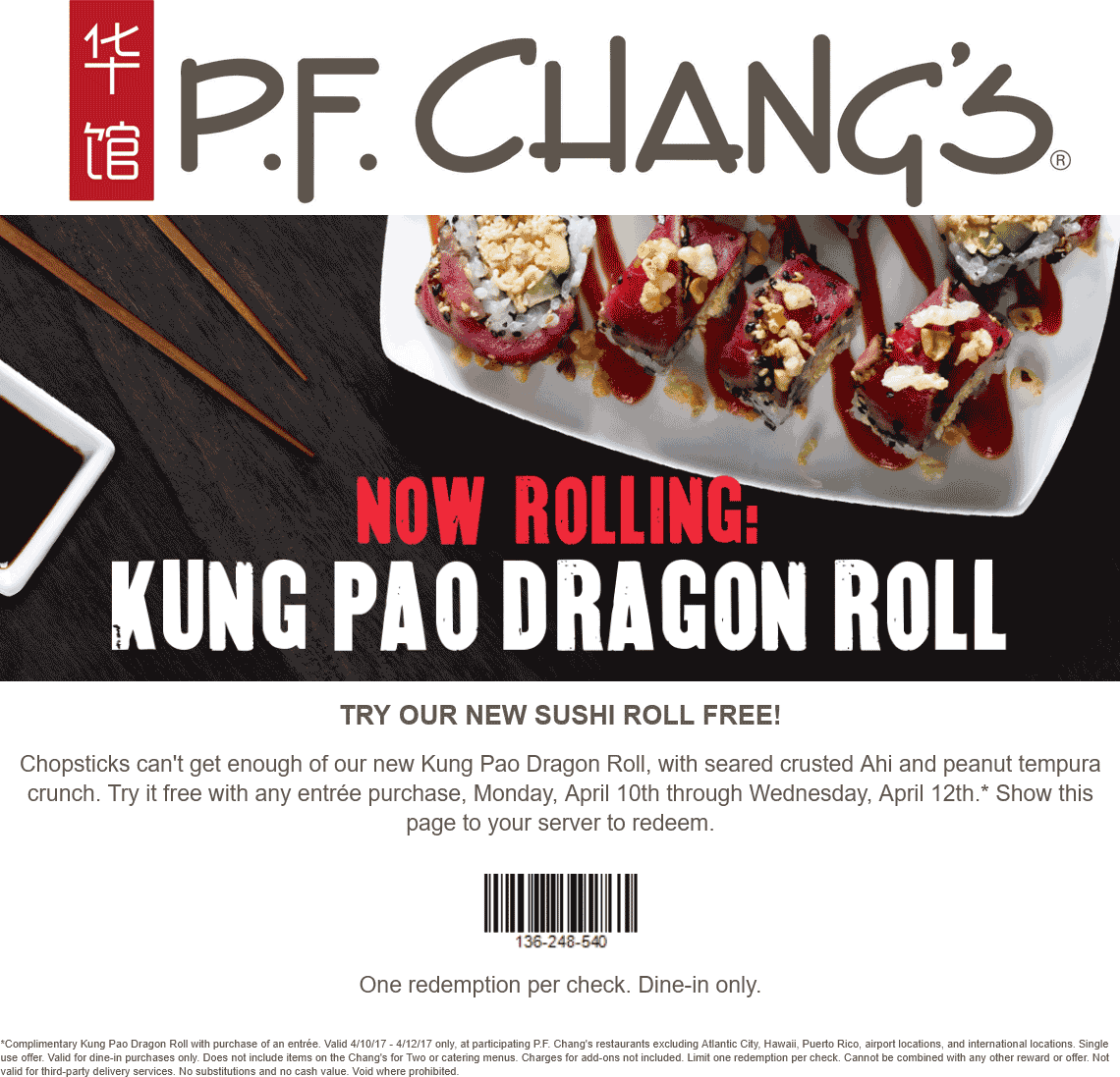 P.F. Changs Coupon April 2024 Free sushi roll with your entree at P.F. Changs