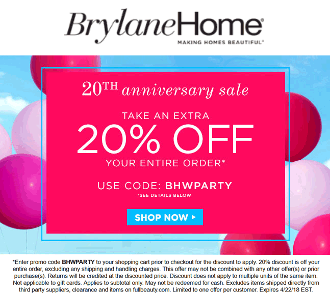 Brylane Home Coupon March 2024 20% off everything online at Brylane Home catalog via promo code BHWPARTY