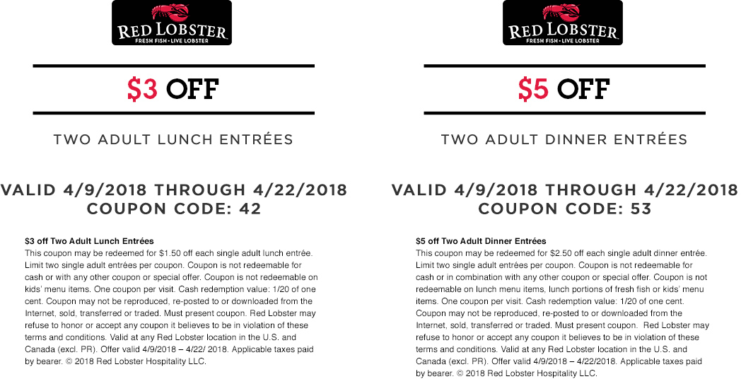 Red Lobster Coupon April 2024 $3 off a couple lunches & $5 off dinners at Red Lobster
