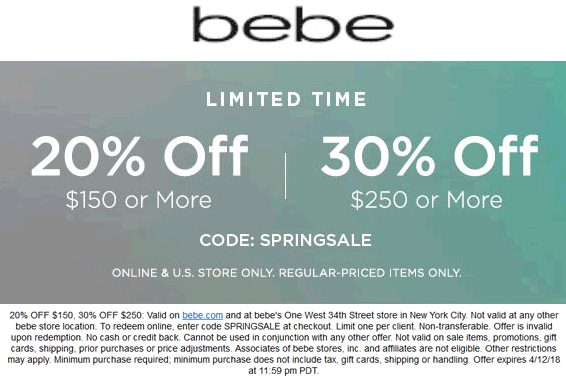 Bebe Coupon March 2024 20-30% off $150+ today at bebe, or online via promo code SPRINGSALE
