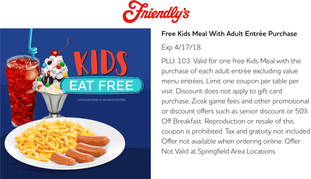 Friendlys Coupon April 2024 Free kids meal with yours at Friendlys restaurants