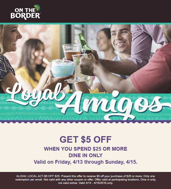 On The Border Coupon April 2024 $5 off $25 at On The Border restaurants