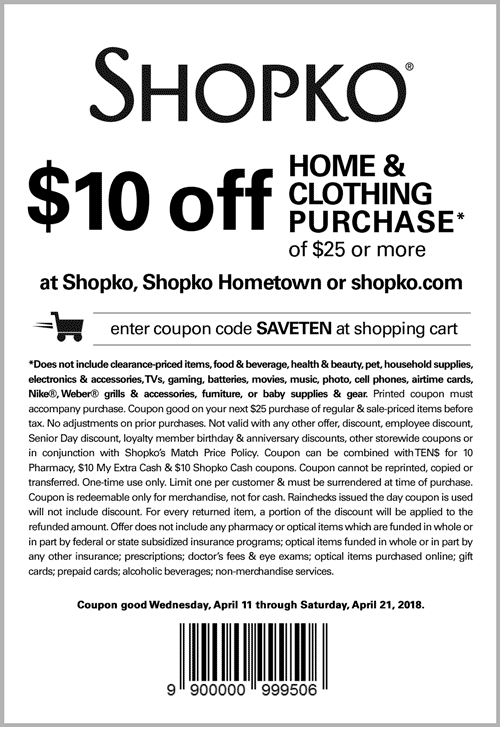 Shopko Coupon April 2024 $10 off $25 at Shopko, or online via promo code SAVETEN