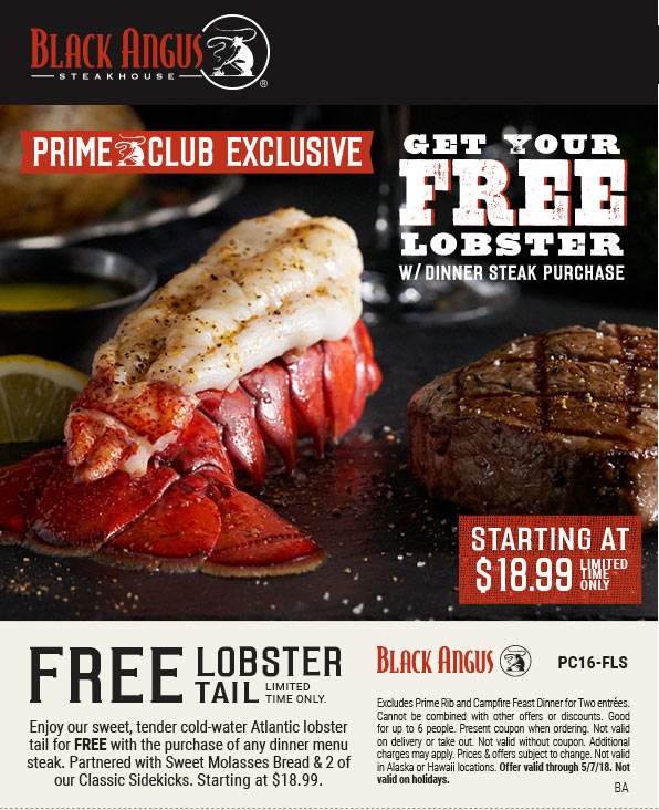 Black Angus Coupon April 2024 Free lobster tail with your steak at Black Angus steakhouse