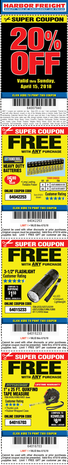Harbor Freight Coupon April 2024 20% off a single item at Harbor Freight Tools
