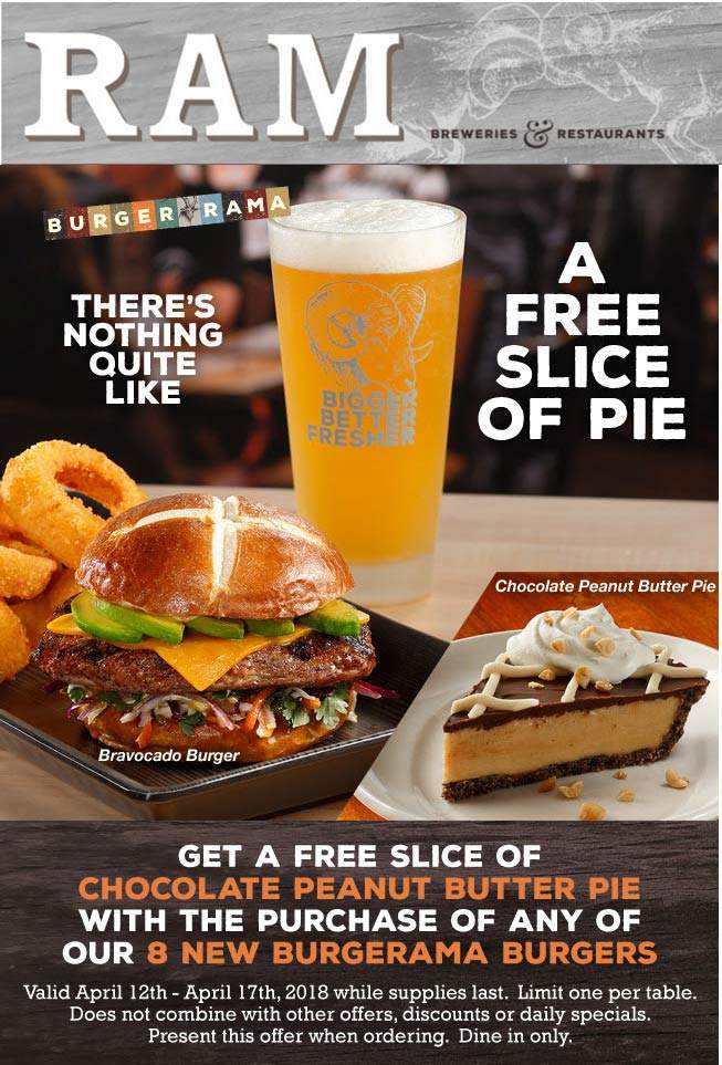 RAM Coupon April 2024 Free pie with your burger at RAM restaurants & breweries