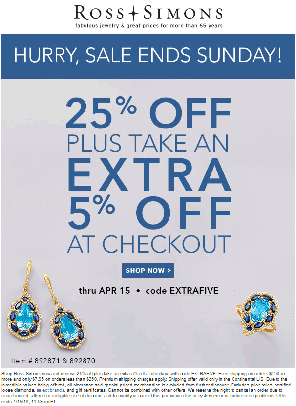 Ross Simons Coupon April 2024 30% off online at Ross Simons jewelers via promo code EXTRAFIVE