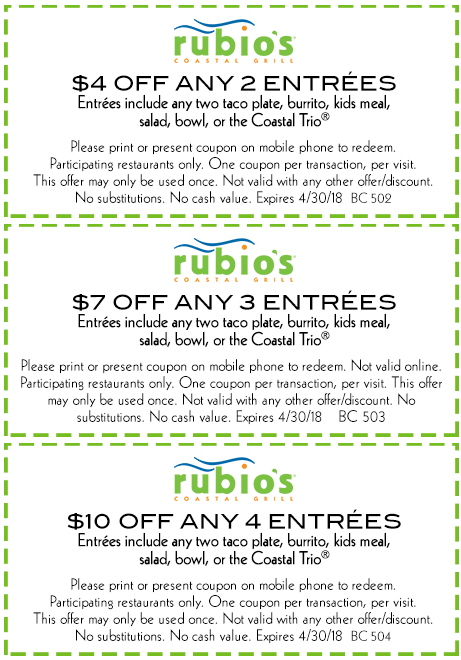 Rubios Coupon April 2024 $4-$10 off 2+ entrees at Rubios coastal grill