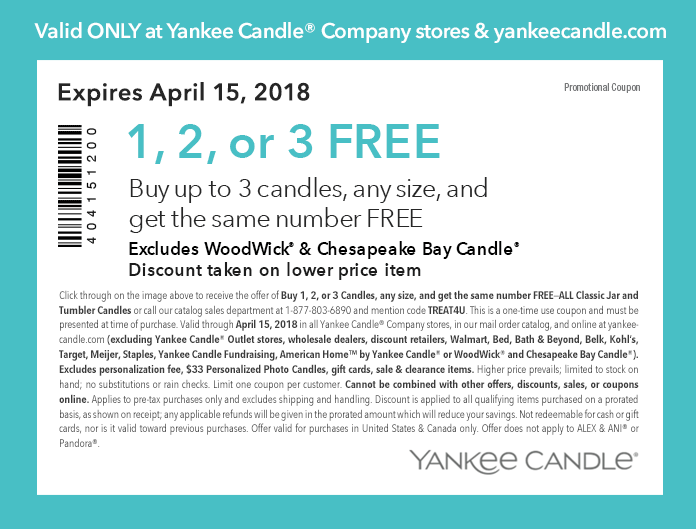 Yankee Candle Coupon April 2024 Second candle free at Yankee Candle, or online via promo code TREAT4U