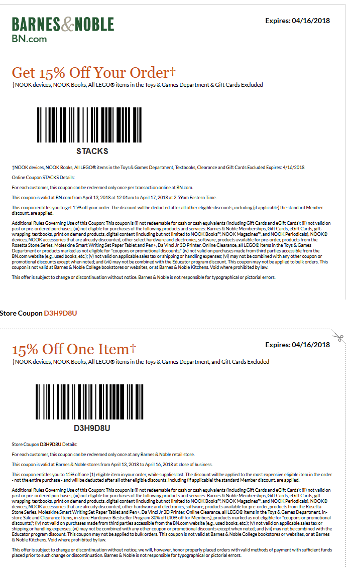 Barnes & Noble Coupon March 2024 15% off at Barnes & Noble, or online via promo code STACKS