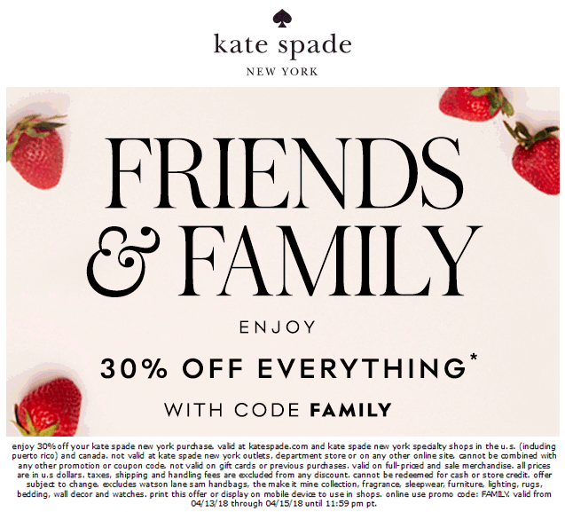 Kate Spade Coupon April 2024 30% off today at Kate Spade, or online via promo code FAMILY