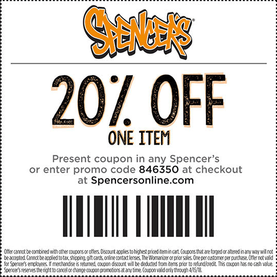 Spencers Coupon April 2024 20% off a single item today at Spencers, or online via promo code 846350