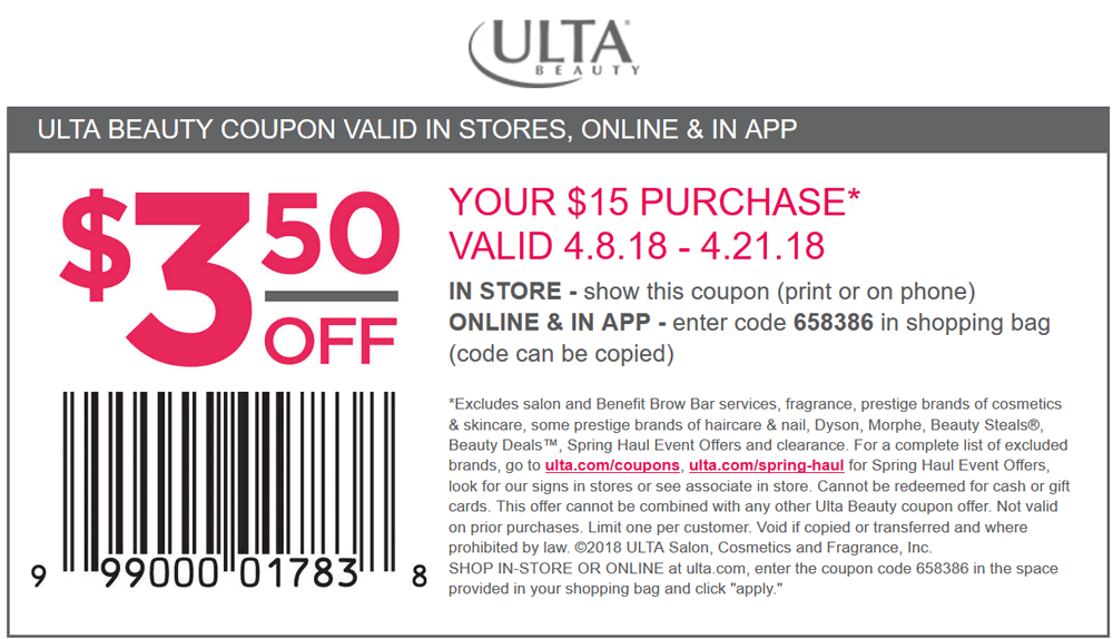 Ulta Coupon April 2024 $3.50 off $15 at Ulta Beauty, or online via promo code 658386