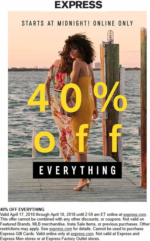 Express Coupon April 2024 40% off everything online at Express