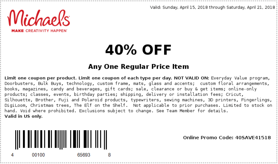 Michaels Coupon April 2024 40% off a single item at Michaels, or online via promo code 40SAVE41518