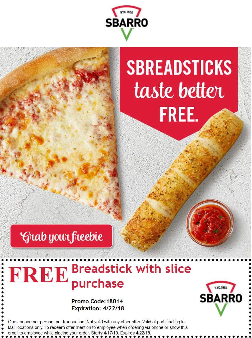 Sbarro Coupon April 2024 Free breadstick with your slice at Sbarro pizza