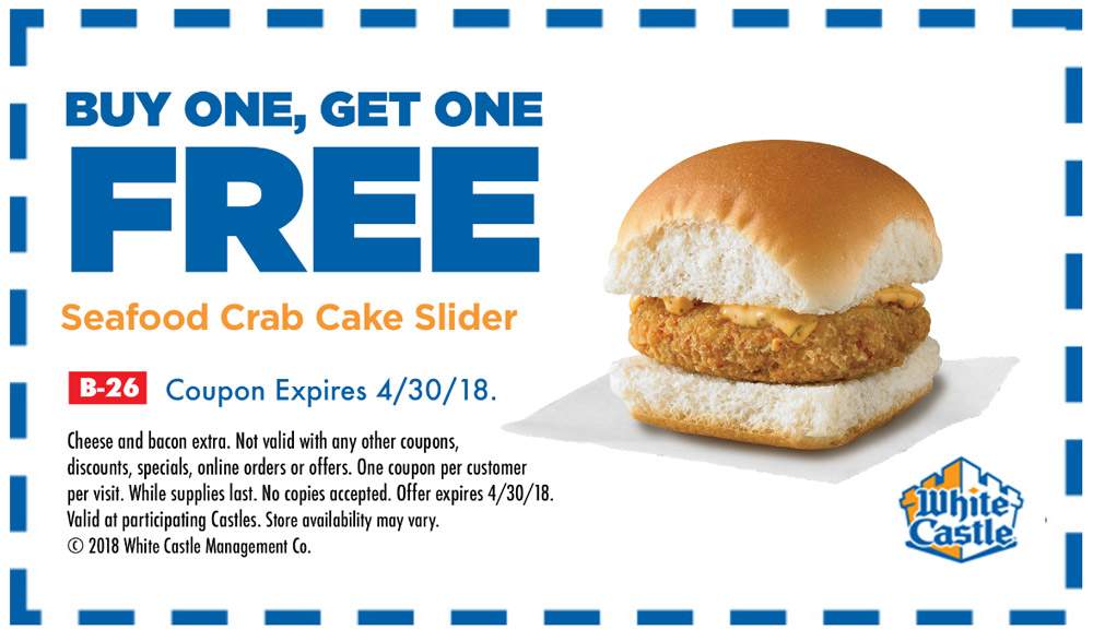 White Castle Coupon April 2024 Second crab cake slider free at White Castle restaurants