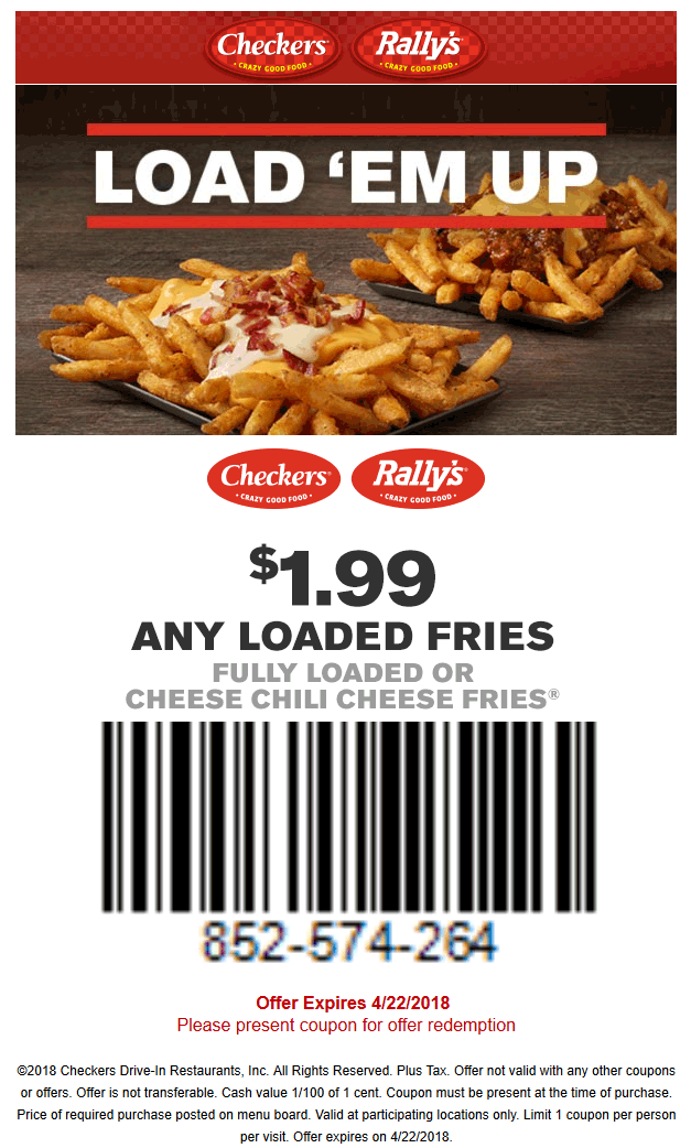 Checkers Coupon April 2024 $2 chili cheese fries at Checkers & Rallys restaurants