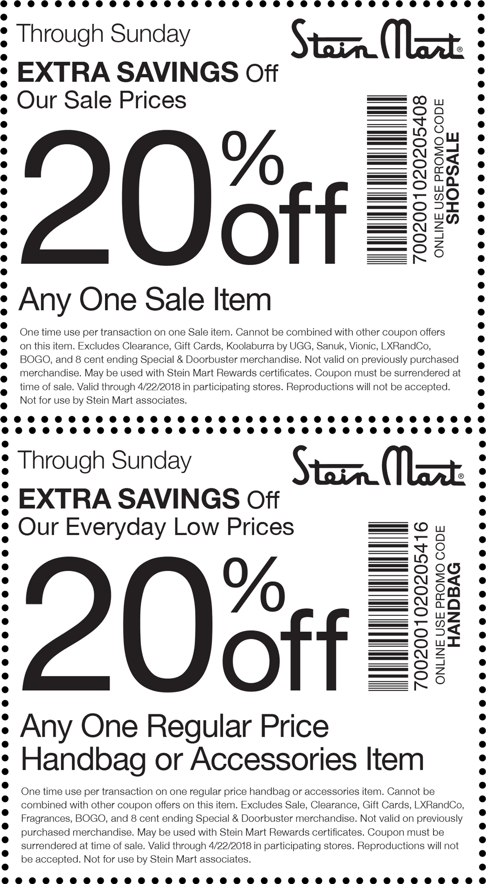 Stein Mart Coupon April 2024 Extra 20% off a single sale item at Stein Mart, or online via promo code SHOPSALE