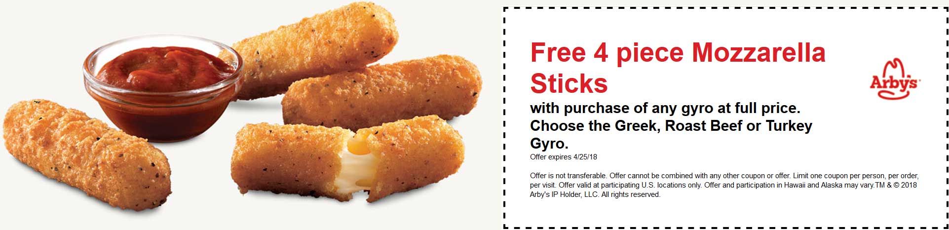 Arbys Coupon April 2024 Free mozzarella sticks with your gyro at Arbys