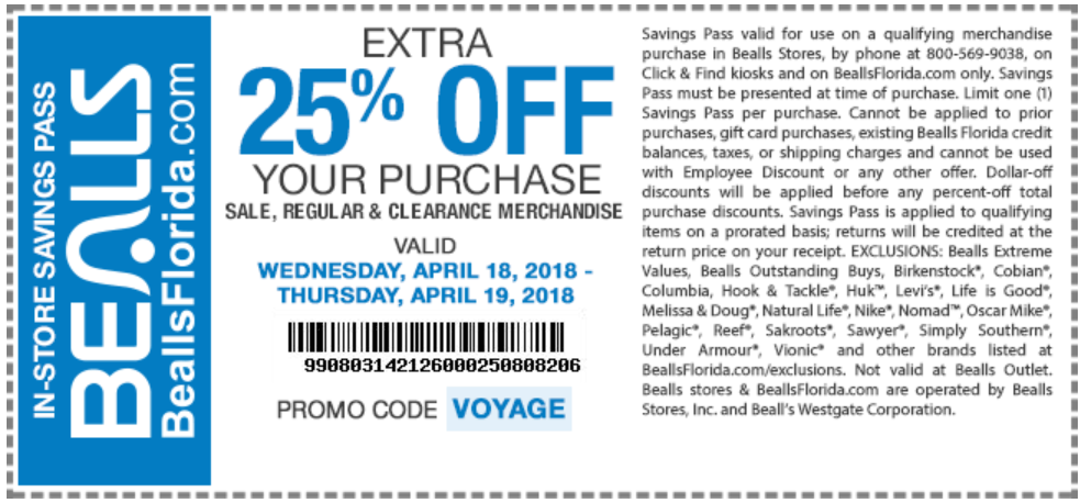 Bealls Coupon April 2024 Extra 25% off today at Bealls, or online via promo code VOYAGE