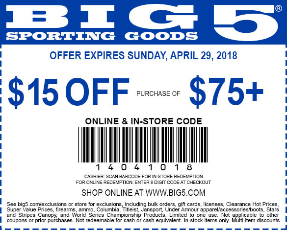 Big 5 Coupon April 2024 $15 off $75 at Big 5 sporting goods, or online via promo code 14041018