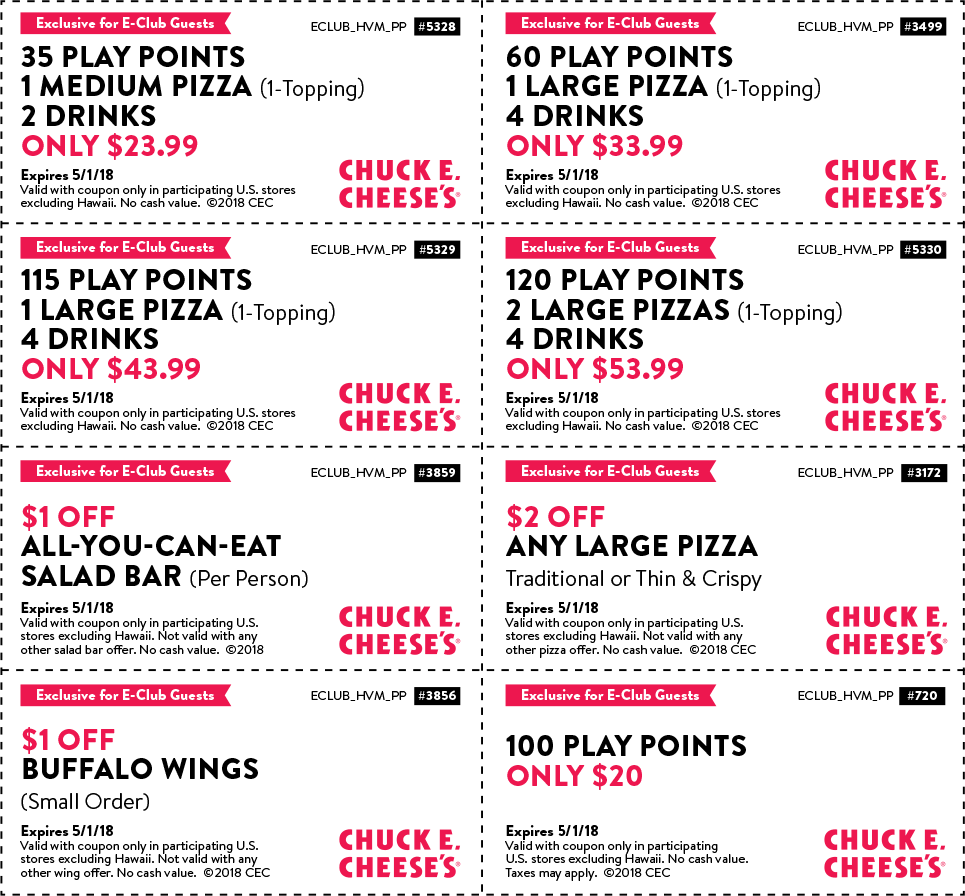 Chuck E. Cheese Coupon April 2024 35 play points + pizza + drinks = $24 & more at Chuck E. Cheese