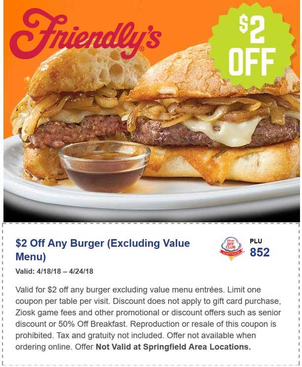 Friendlys Coupon April 2024 $2 off any burger at Friendlys restaurants