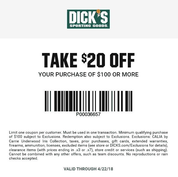 Dicks Coupon April 2024 $20 off $100 at Dicks sporting goods, also online