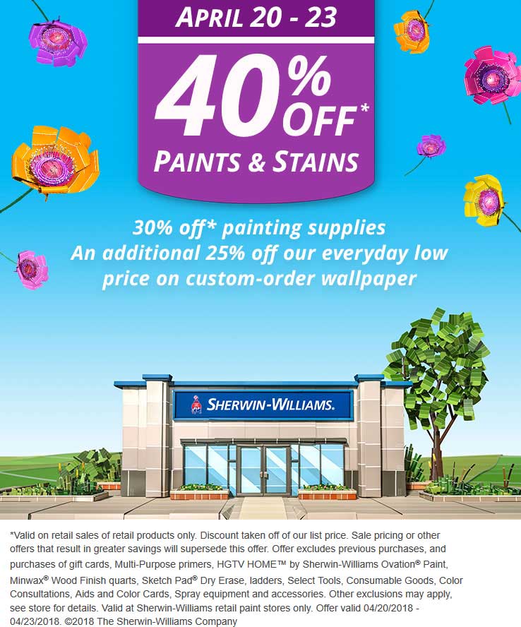 Sherwin Williams Coupon April 2024 40% off paint & stain at Sherwin Williams