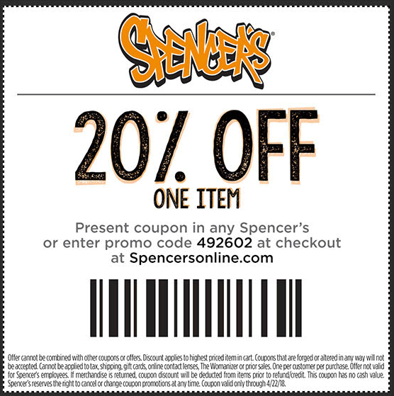 Spencers Coupon April 2024 20% off a single item at Spencers, or online via promo code 492601