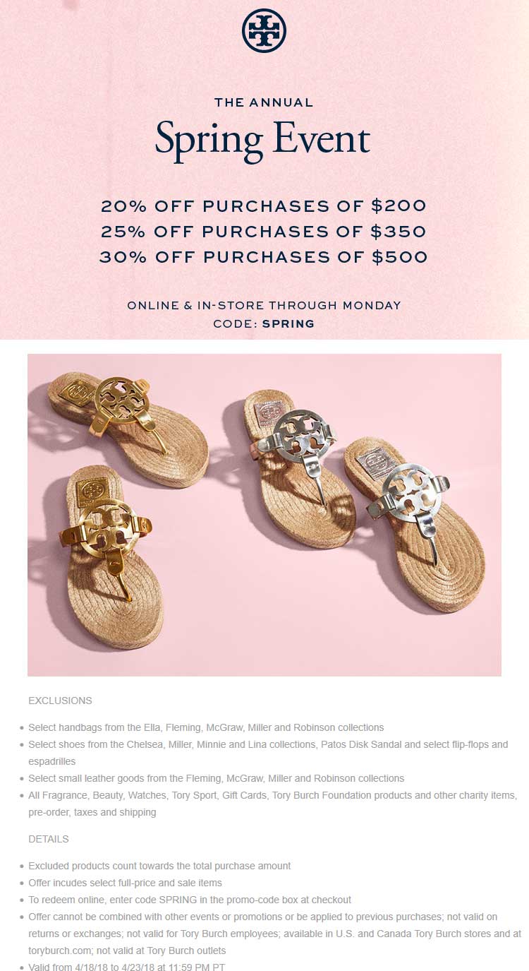 Tory Burch Coupon April 2024 20-30% off $200+ at Tory Burch, or online via promo code SPRING