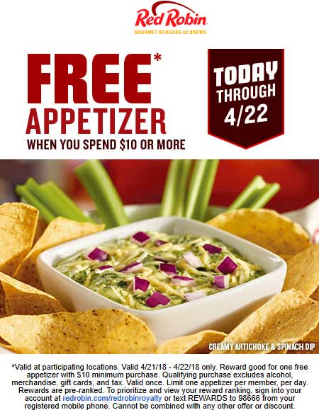 Red Robin Coupon April 2024 Free appetizer with $10 spent at Red Robin