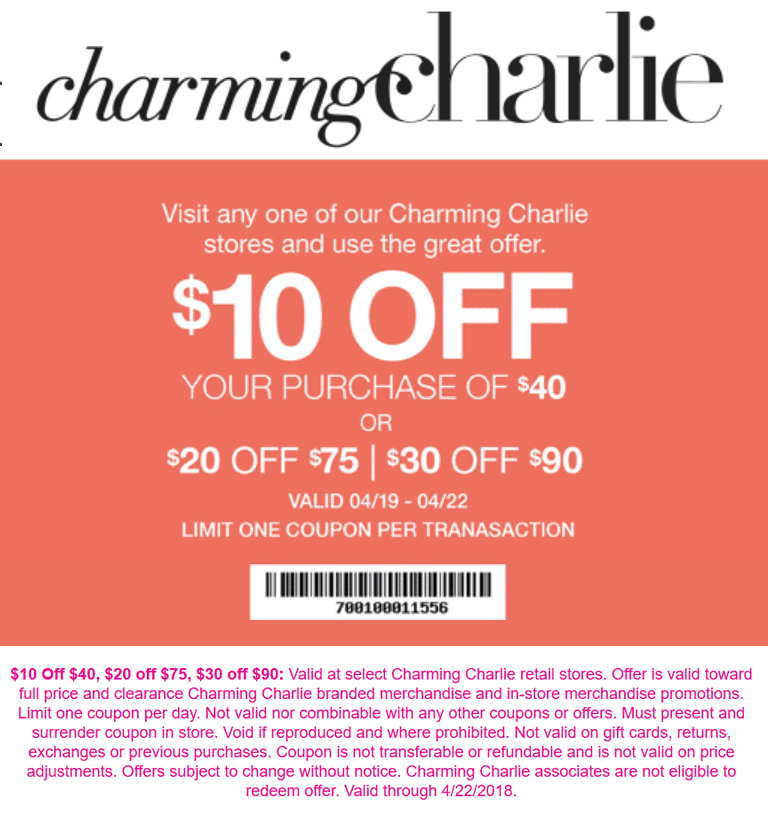 Charming Charlie Coupon April 2024 $10 off $40 & more today at Charming Charlie