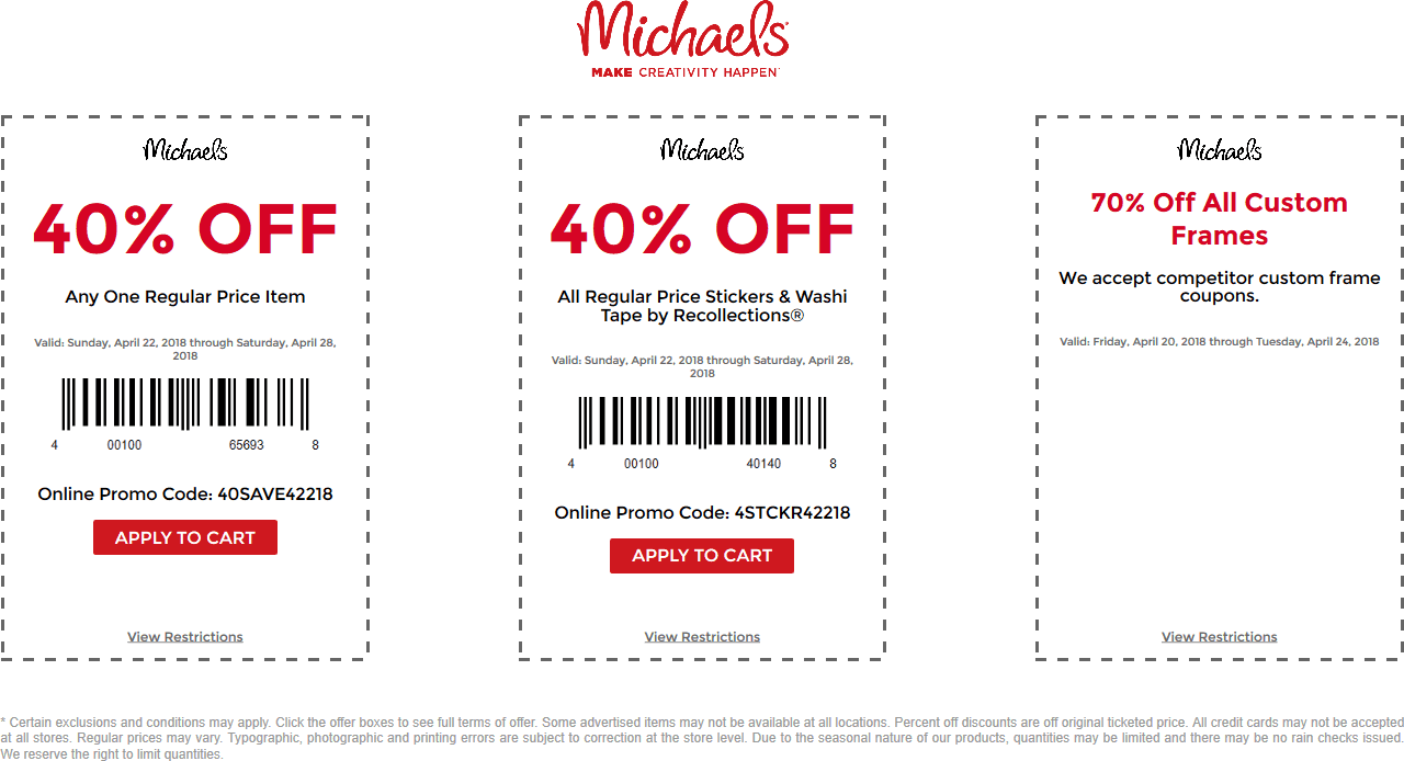 Michaels Coupon April 2024 40% off a single item at Michaels, or online via promo code 40SAVE42218