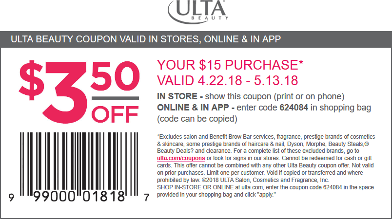 Ulta Beauty Coupon April 2024 $3.50 off $15 at Ulta Beauty, or online via promo code 624084