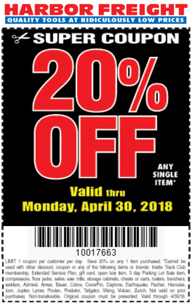 Harbor Freight Coupon April 2024 20% off a single item at Harbor Freight Tools
