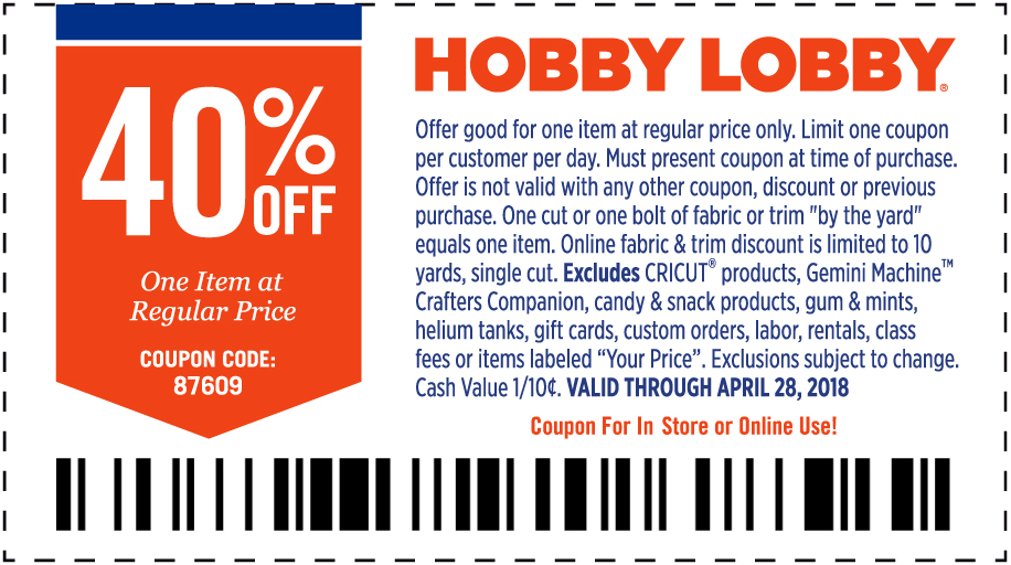 Hobby Lobby Coupon April 2024 40% off a single item at Hobby Lobby, or online via promo code 87609