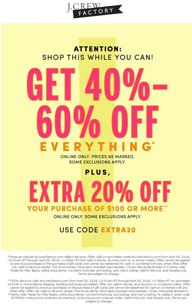 J.Crew Factory Coupon April 2024 40-80% off everything online today at J.Crew Factory via promo code EXTRA20