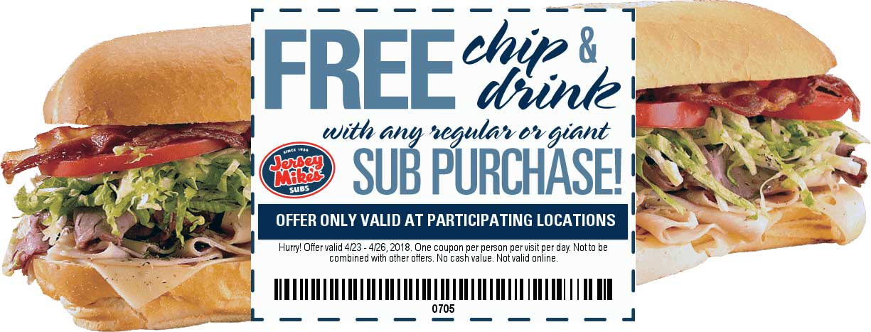 Jersey Mikes Coupon March 2024 Free chips & drink with your sub sandwich at Jersey Mikes