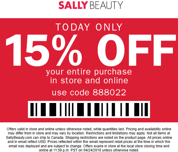 Sally Beauty Coupon April 2024 15% off today at Sally Beauty, or online via promo code 888022