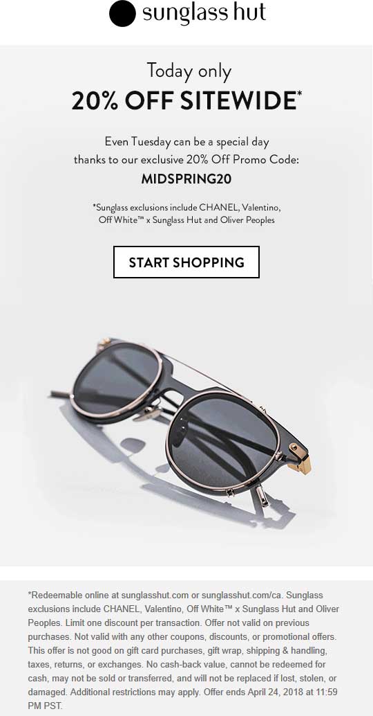 Sunglass Hut Coupon March 2024 20% off everything online at Sunglass Hut via promo code MIDSPRING20