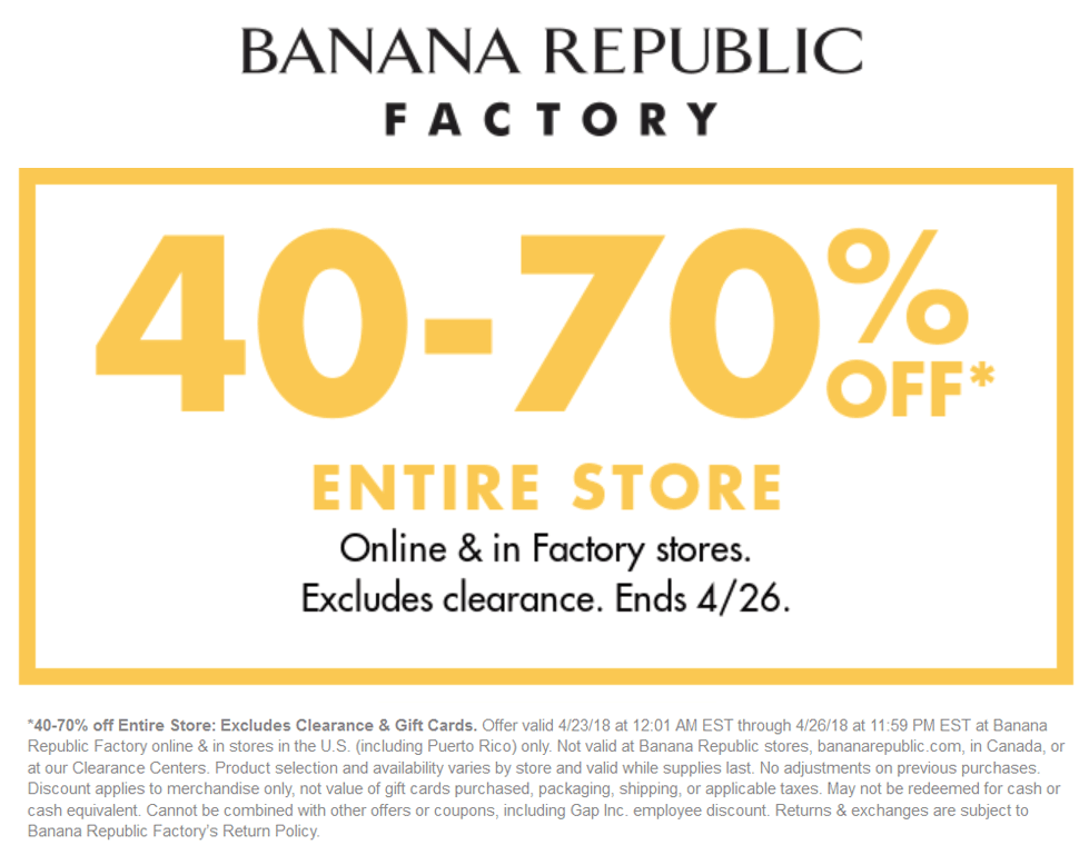 Banana Republic Factory Coupon March 2024 40-70% off at Banana Republic Factory, ditto online