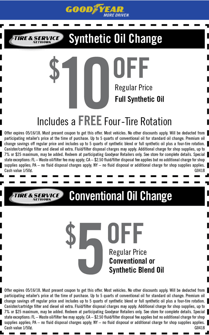 Goodyear Coupon March 2024 $5-$10 off an oil change at Goodyear