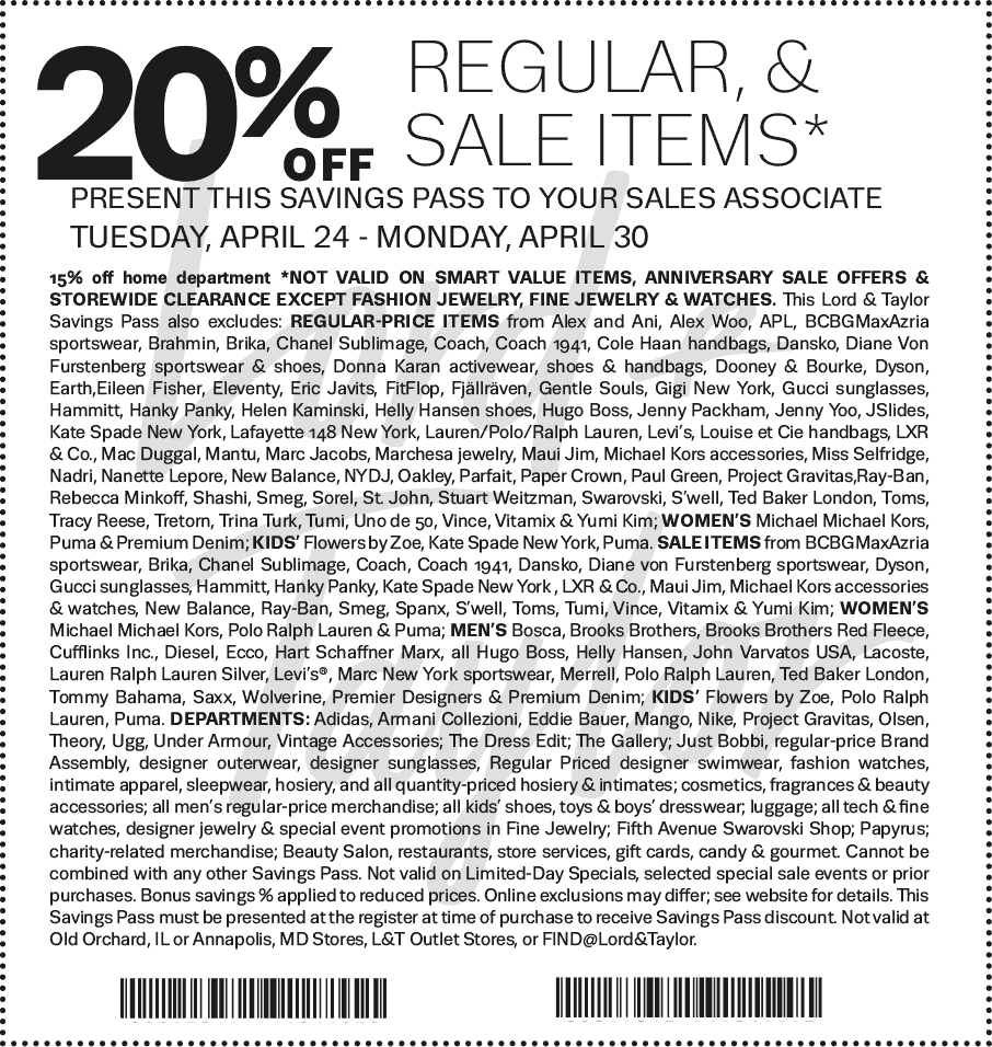Lord & Taylor Coupon April 2024 20% off at Lord & Taylor, or online via promo code LTDAYS