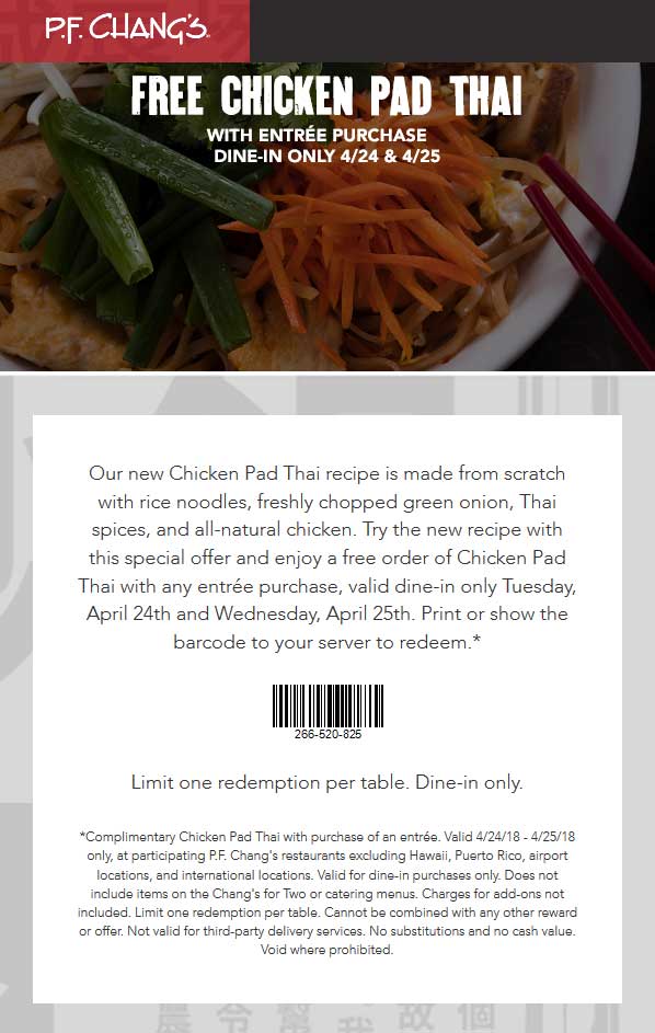 P.F. Changs Coupon April 2024 Free chicken pad thai with your entree today at P.F. Changs