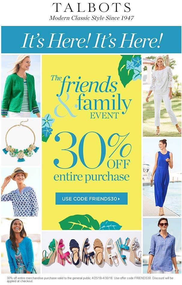 Talbots Coupon April 2024 30% off at Talbots, or online via promo code FRIENDS30
